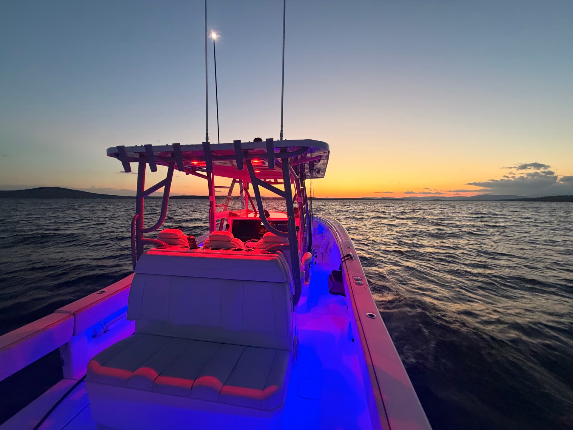 Our boat lit up at sunset on Lake Winnipesaukee